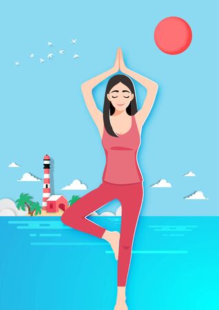 Cartoon character with 21 june international tree pose yoga day with female practicing yoga flat icon design vector illustrationのイラスト素材