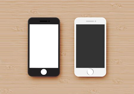 Black and white mobile phone mock up on wood texture background vectorのイラスト素材