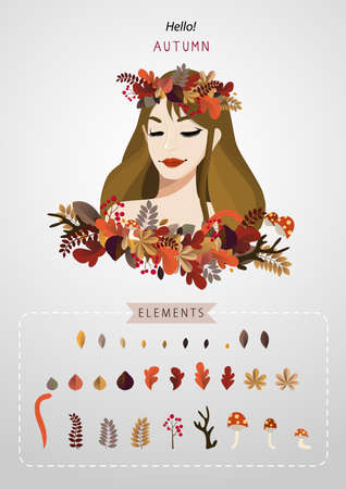 Elegant autumn girl leaves and elements vectorのイラスト素材