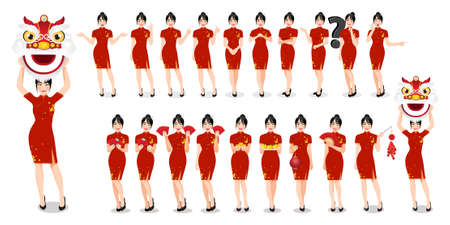 Chinese woman in traditional style clothes set different gestures isolated Chinese new year concept vector illustrationのイラスト素材