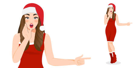 Excited Christmas girl in red dress and christmas santa hat with Happy new year and Merry Christmas festival cartoon character on the white background vector illustrationのイラスト素材