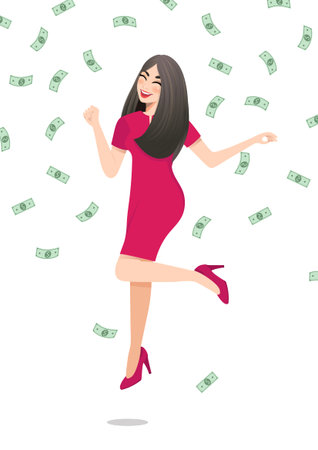 Cartoon character with Happy businesswoman jumping surrounded by green money bills falling on white background. Successful business concept vectorのイラスト素材