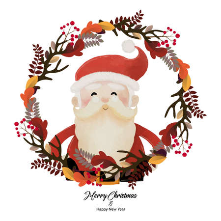 Merry Christmas and Happy New Year with Santa Claus in plant wreath. Watercolor design on white background vector illustrationのイラスト素材