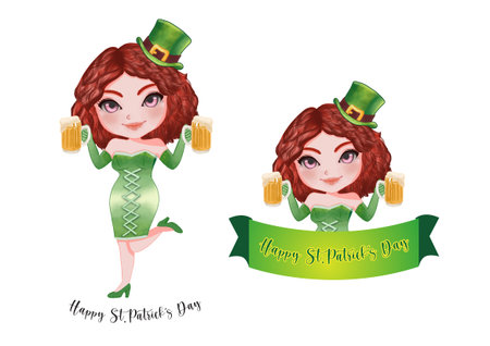 St.Patrick's Girl in Irish Custom. Happy St. Patrick's Day. Collection of Saint Patrick's Day Banner design vector illustrationのイラスト素材