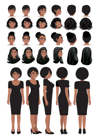 African American business woman cartoon character in black dress and different hairstyle for animation design vector collectionのイラスト素材