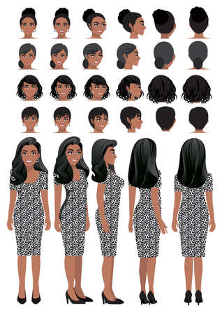 African American business woman cartoon character in leopard print dress and different hairstyle for animation design vector collectionのイラスト素材