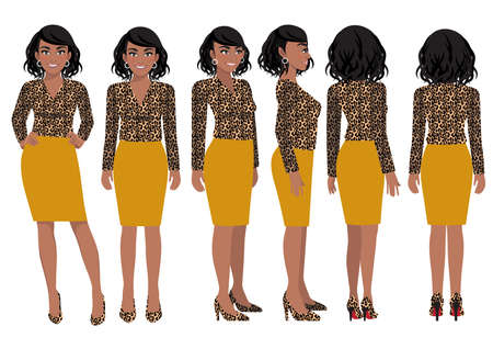 Cartoon character with business woman in leopard print shirt for animation. Front, side, back, 3-4 view character. Flat vector illustrationのイラスト素材