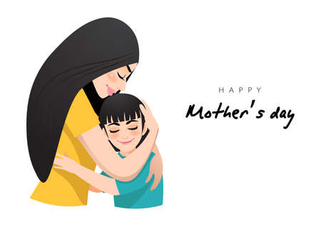 Cartoon character with mom and daughter embrace. Mother s day background. Isolated design on white background. Vector illusrtationのイラスト素材