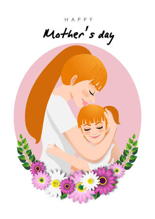 Cartoon character with Mom and daughter embrace in flower wreath. Mother s day background. Isolated design on white background. Vector illusrtationのイラスト素材