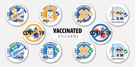 Vaccinated sticker or Vaccination round badges with quote - I got Covid-19 vaccinated, i am covid-19 vaccinated. Coronavirus vaccine stickers with medical plaster, syringe and treatment symbol Vectorのイラスト素材