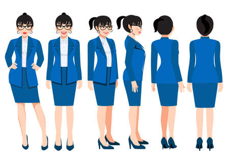 Cartoon character with business woman in bright navy blue color suit for animation. Front, side, back, 3-4 view character. Flat vector illustrationのイラスト素材