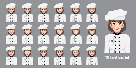 Professional Woman Chef in uniform with different facial expressions set isolated in cartoon character style vector illustrationのイラスト素材