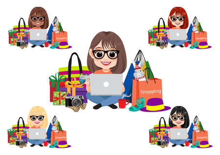 Online Shopping Concept with girl sitting on the floor, using her laptop to shopping online at home and Shopping element decorate Flat design vectorのイラスト素材