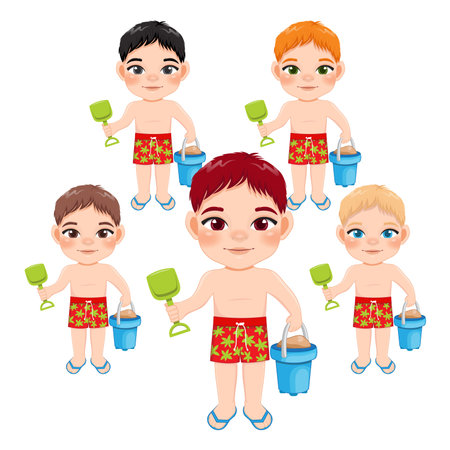 Beach boy in summer holiday. American African kids holding sand bucket cartoon character design vectorのイラスト素材
