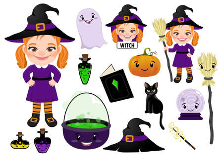 Witch character illustration with cute element flat icon set isolated on white background vectorのイラスト素材