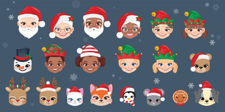 Set of Christmas characters heads, Santa Claus, Mrs. Claus, elves, snowmen and cute animal Vector, cartoon characters for designのイラスト素材