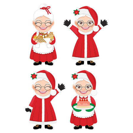 Set of Mrs.Claus Vector isolated on white background. Cute Santa Wife Cartoon Character with cake, holding bakery basket, waving and greeting. For Christmas cards, banners, tags and labels.のイラスト素材