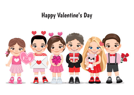Valentine kids with multicultural little boys and girls dating, celebrating Valentines day flat vector illustration. Young girlfriends and boyfriends isolated cartoon characters vector.のイラスト素材