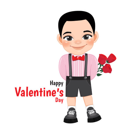 Valentine s day with short buzzcut hair little boy holding bouquet of red roses cartoon character design vectorのイラスト素材