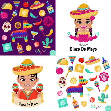Cinco de Mayo in May 5 federal holiday in Mexico with boy girl in mexican outfits banner and Mexican elements background vectorのイラスト素材