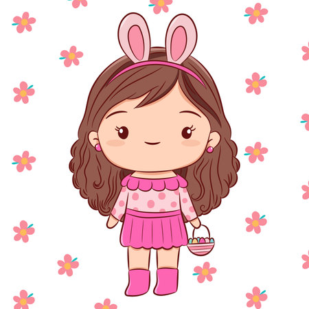 Vector spring illustration of cute girl holding easter eggs basket in flower background, Spring hand drawn sketch style card template.のイラスト素材