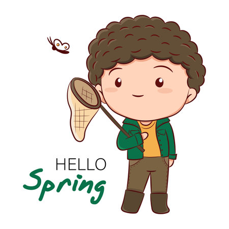 Vector spring illustration of cute boy holding stretchable butterfly net and looking butterfly, Spring hand drawn sketch style card template.のイラスト素材