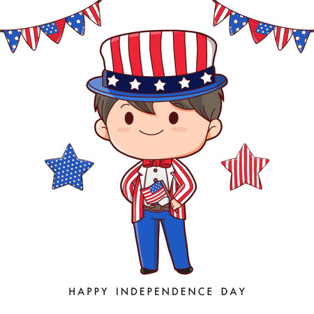 American Boy Portrait Celebrating 4th Of July Independence Day with Costume, Wearing Uncle Sam Hat, Hand Drawing Style Vectorのイラスト素材