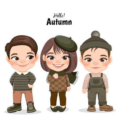 Diverse children in autumn season outfits. Autumn girl and boy cartoon characters. Vector illustrationのイラスト素材