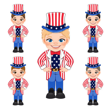 Set of American Boys Portrait Celebrating 4th Of July Independence Day with Costume, Wearing Uncle Sam Hat, Flat icon Style Vectorのイラスト素材