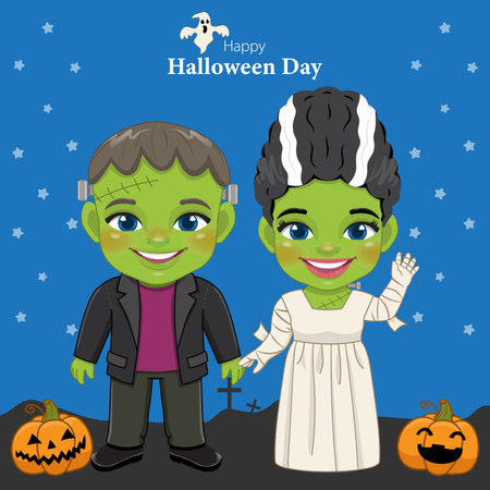 Happy Halloween with Frankenstein and his Bride vectorのイラスト素材