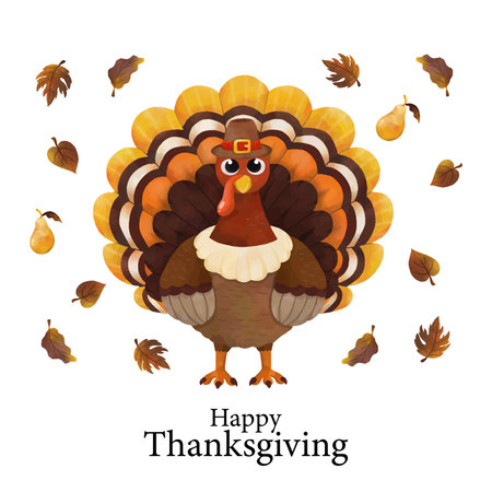 Watercolor Thanksgiving card template with a Turkey wearing pilgrim hat and standing in autumn background illustration Vectorのイラスト素材