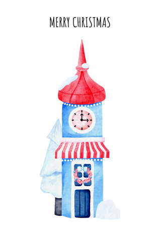 Christmas card template with cute clock tower, snow cap and snowy trees. Hand drawn Christmas wallpaper design vectorのイラスト素材