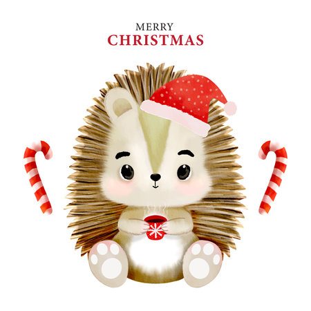 Merry Christmas with watercolor cute porcupine wearing Santa hat and holding hot chocolate mug vectorのイラスト素材
