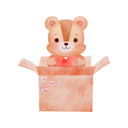 Happy Valentines day greeting card with watercolor a bear holding red heart sitting in paper box vectorのイラスト素材