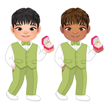 Marriage decoration design concept with green suit man holding ring box in hands. Groom or Page Boy, Ring Bearer Vector illustrationのイラスト素材