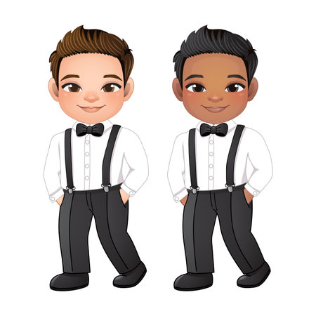 Marriage decoration design concept with young guy in a shirt and a bow tie. Groom or Page Boy put hand in his pant pocket vector illustrationのイラスト素材