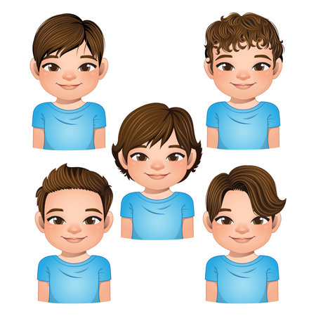 Set of hairstyle for boys, boys faces, avatars, brown hair kid heads different hairstyle vectorのイラスト素材