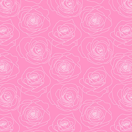 Vector seamless pattern with rose flowers white outline on the pink background hand drawn floral style vectorのイラスト素材