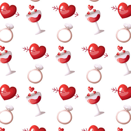 Valentine s day seamless pattern with red wine glass, wedding ring and shot through the heart on the white background vectorのイラスト素材