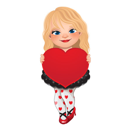Valentine s Day with Blonde Hair Girl holding Red Heart Cartoon Character Vector illustrationのイラスト素材