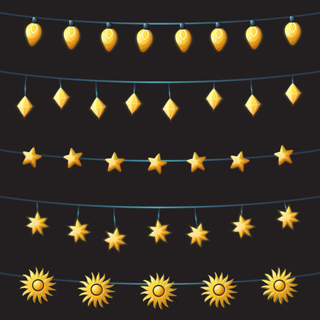 Set of String Lights Warm Lamps Garlands, Sun, Stars and Little Bulbs Festive Decorations on Black Background Vectorのイラスト素材