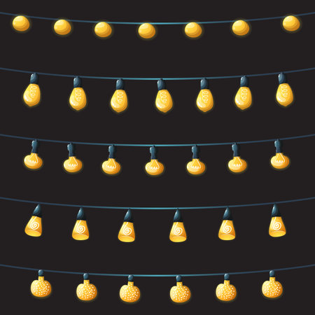 Set of String Lights Warm Lamps Garlands, Stars and Little Bulbs Festive Decorations on Black Background Vectorのイラスト素材