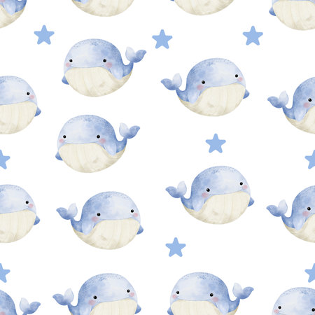 Cute Whale Seamless Pattern on white background illustrationの写真素材