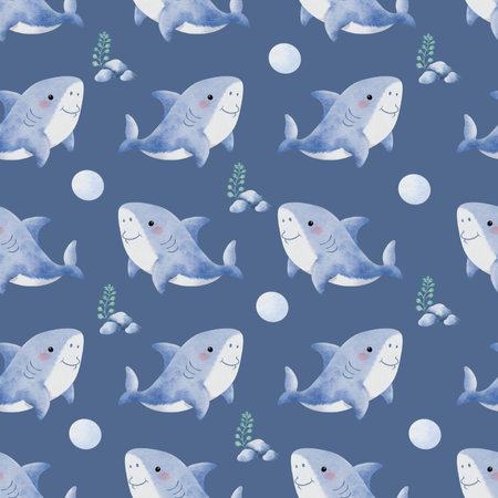 Cute Shark Seamless Pattern on blue gray background illustrationの写真素材