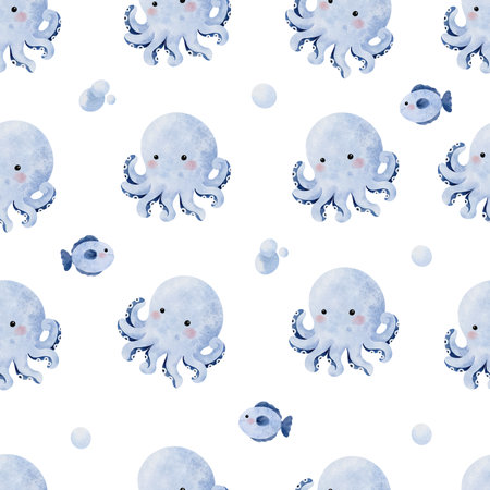 Cute Octopus Seamless Pattern on white background illustrationの写真素材