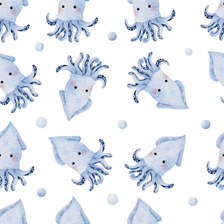 Cute Squid Seamless Pattern on white background illustrationの写真素材