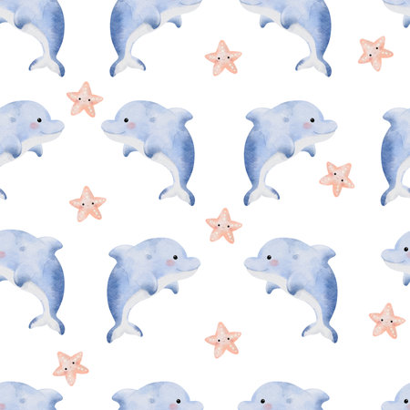 Cute Dolphin Seamless Pattern on white background illustrationの写真素材