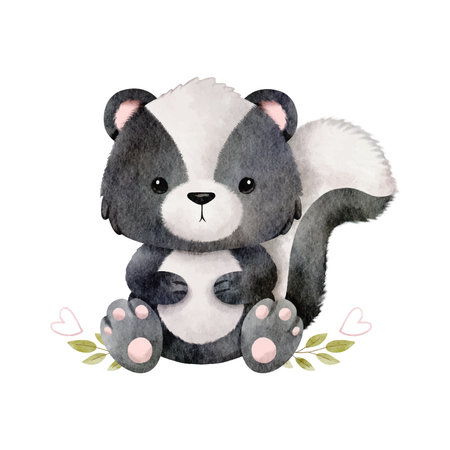 Watercolor baby skunk sitting in leaf wreath. Woodland baby animal for wall art, nursery decorations, birthday invitations vectorのイラスト素材