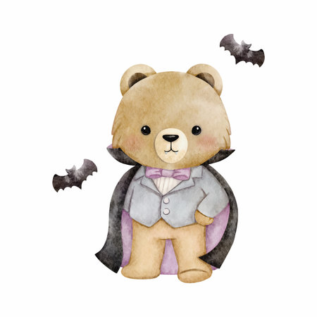 Watercolor Illustration Cute Bear Dracula Vampire Cartoon Vector. Animal Holiday with Halloween Concept Vectorのイラスト素材