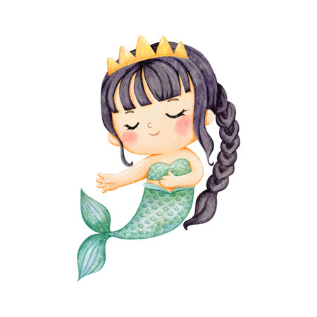 Cute mermaid illustration in watercolor colorful style, vector graphic for kids fashion, pastel sea life, lovely mermaid graphic for kids prints vectorのイラスト素材